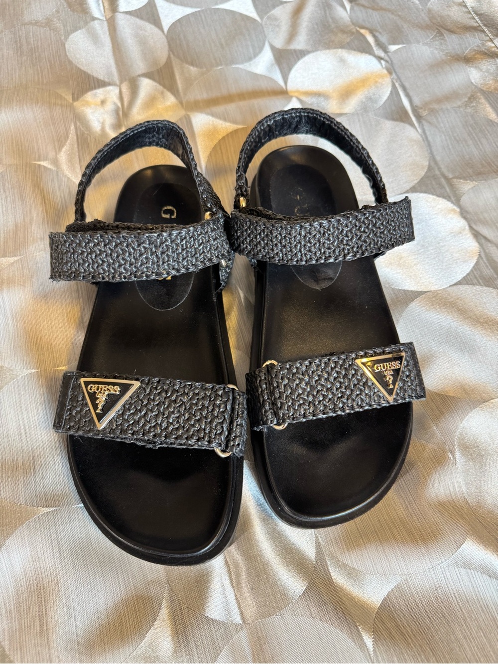 Guess Black Woven Strap Sandals with Gold Logo